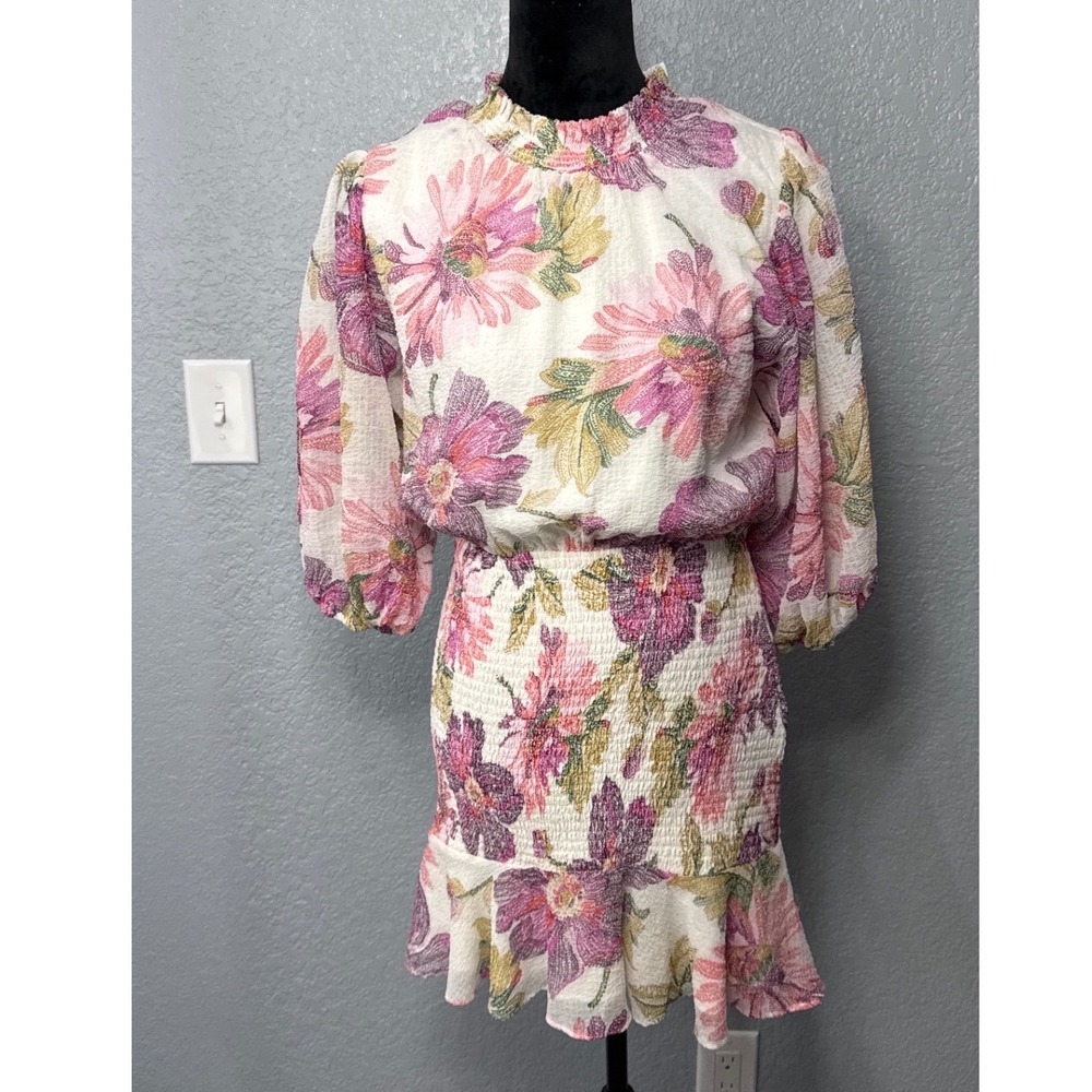 Olivaceous Womens Small Floral Smocked Mini Dress‎ Puff Sleeve Romantic Boho